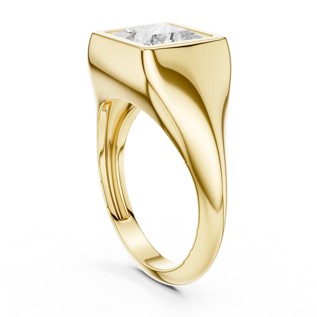 Back side view of yellow gold princess bezel set signet style ring, showing band structure.