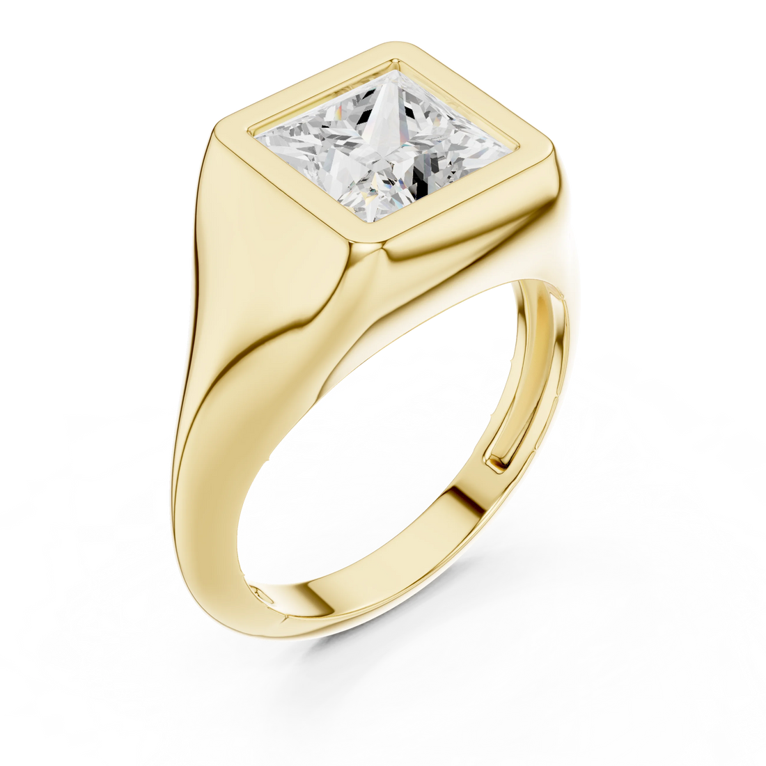 Front view of yellow gold princess cut bezel set signet style ring, emphasizing brilliance.