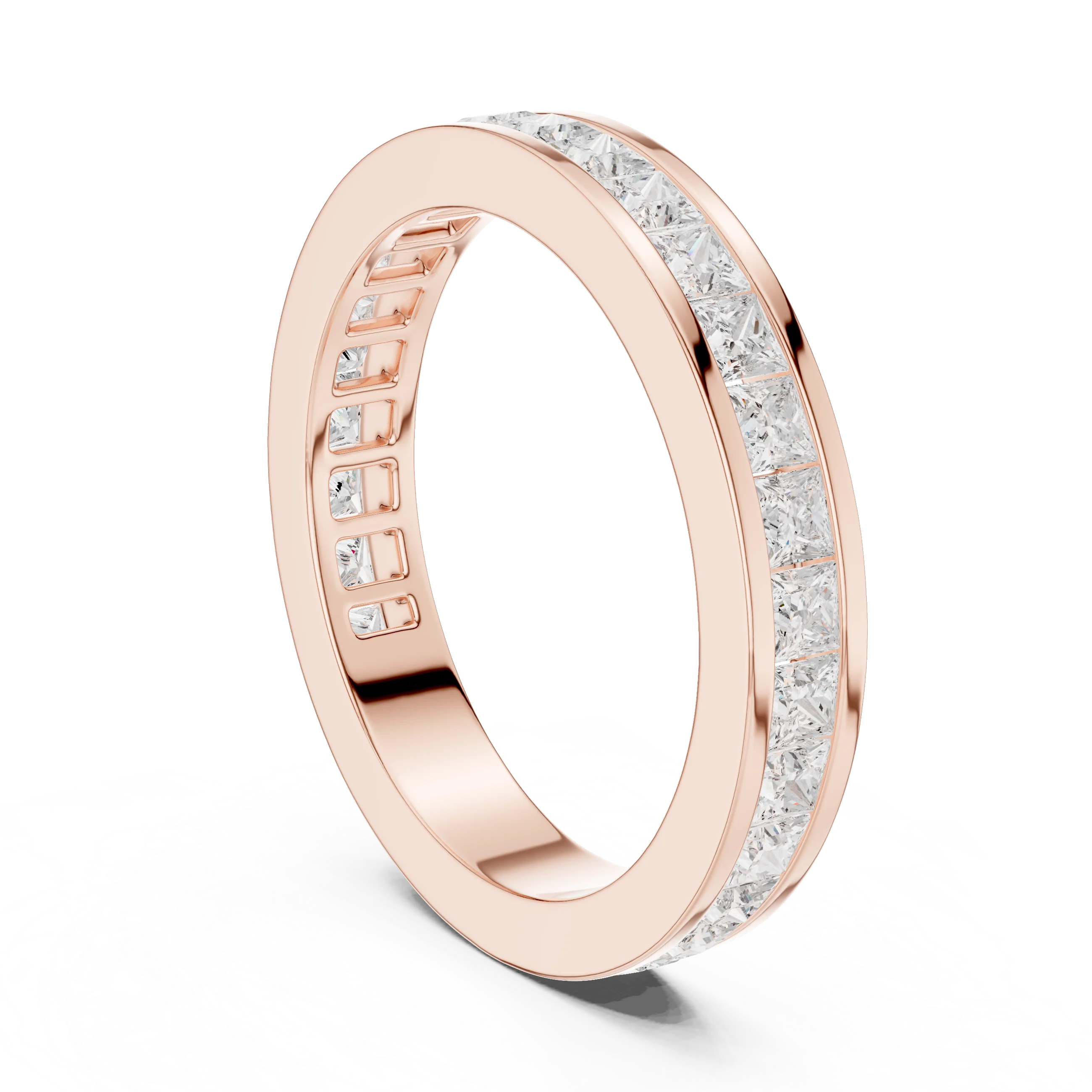 Back view of rose gold eternity band with princess cut lab-grown diamonds and continuous band design