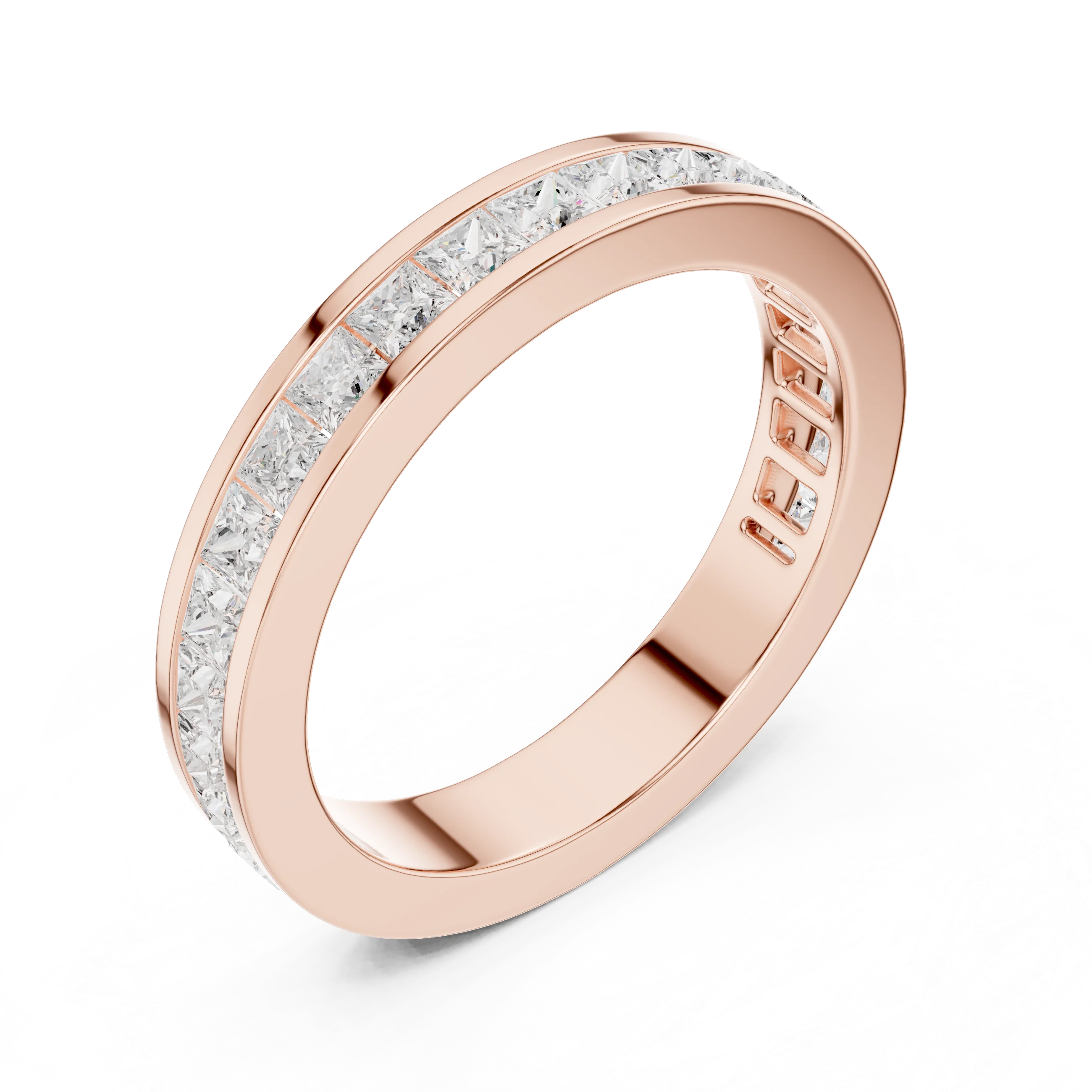 Front view of rose gold full eternity band featuring princess cut lab-grown diamonds
