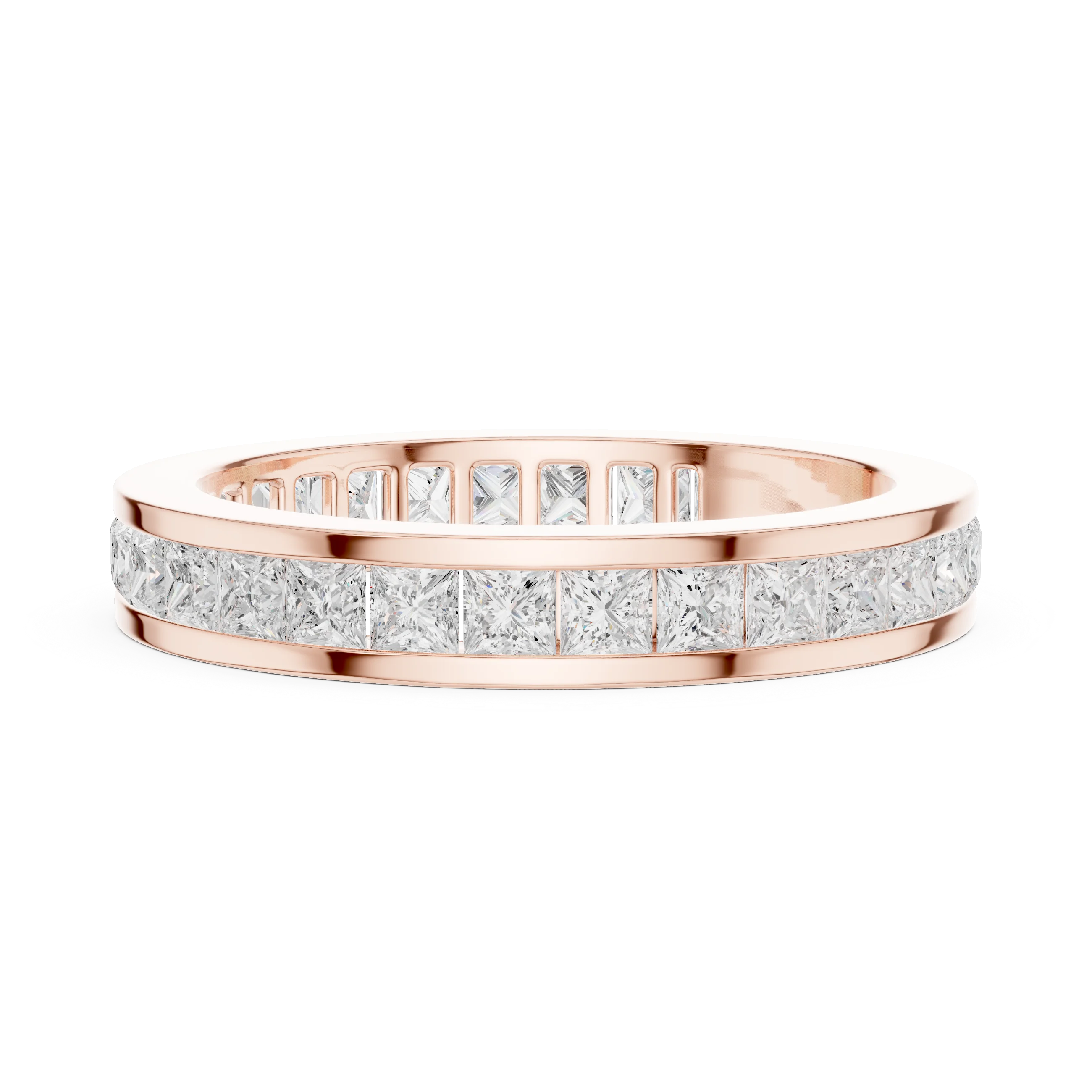 Side view of rose gold eternity band highlighting princess cut diamond setting and band profile