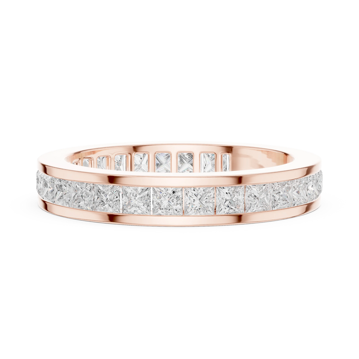 Side view of rose gold eternity band highlighting princess cut diamond setting and band profile