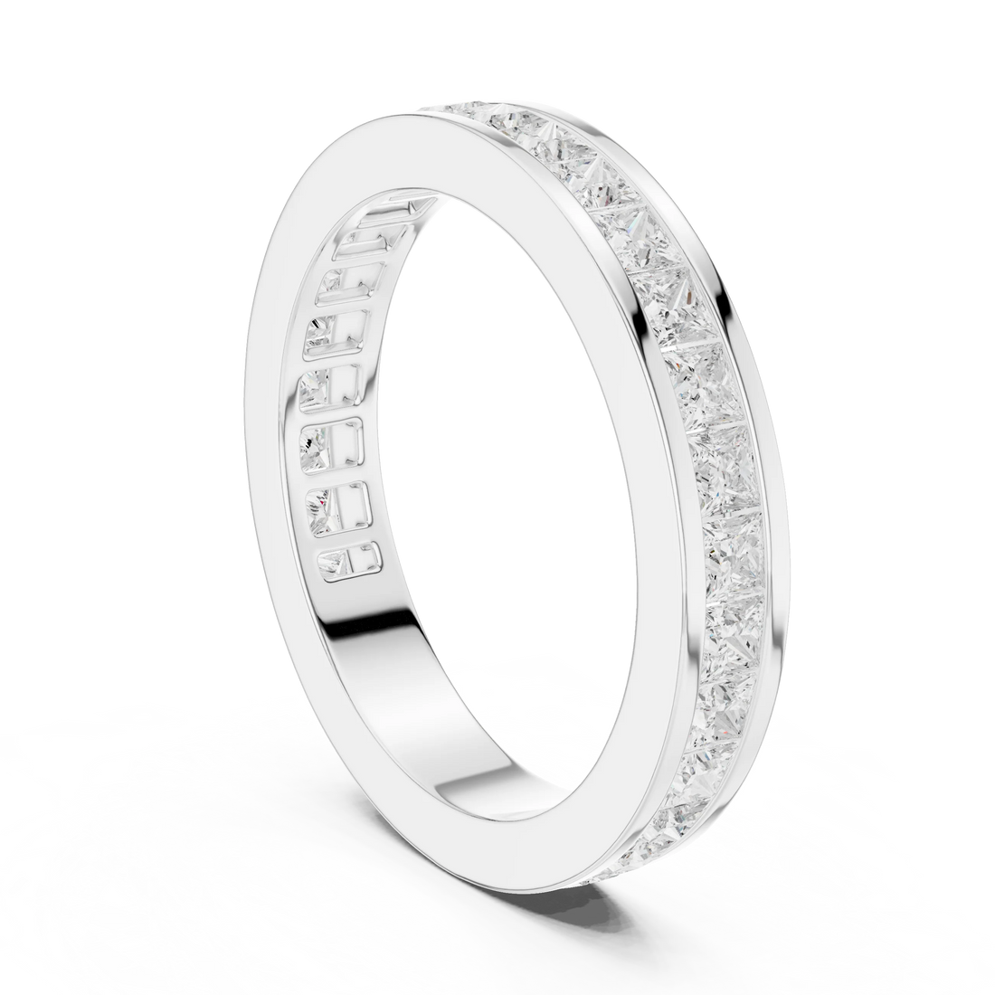 Back view of white gold eternity band with princess cut lab-grown diamonds and continuous band design