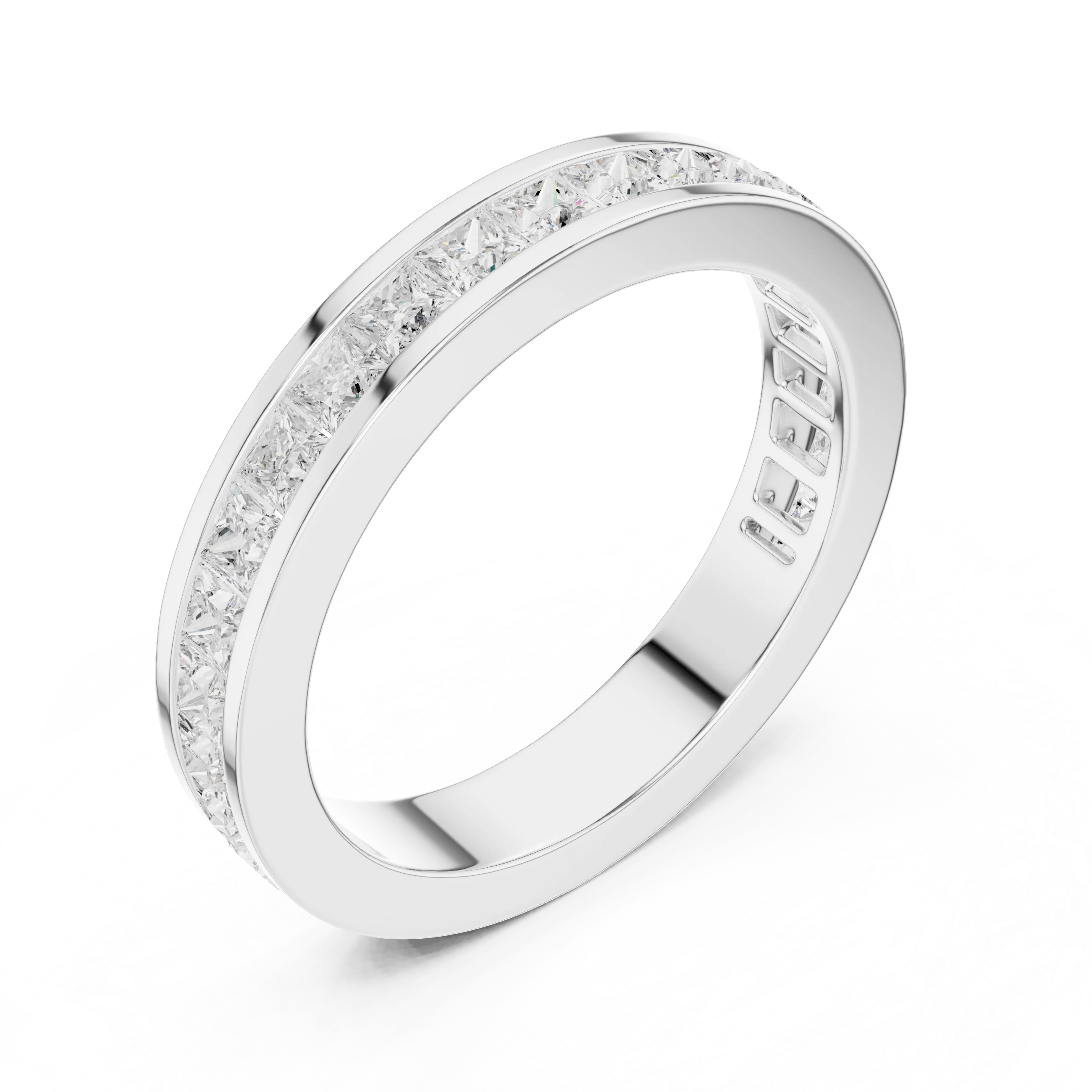 Front view of white gold full eternity band featuring princess cut lab-grown diamonds