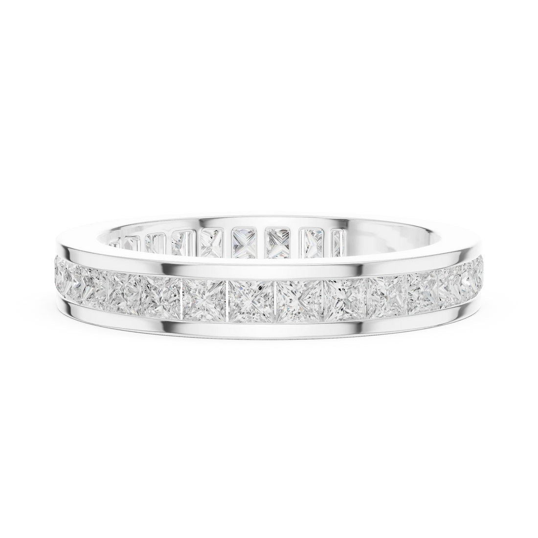 Side view of white gold eternity band highlighting princess cut diamond setting and band profile