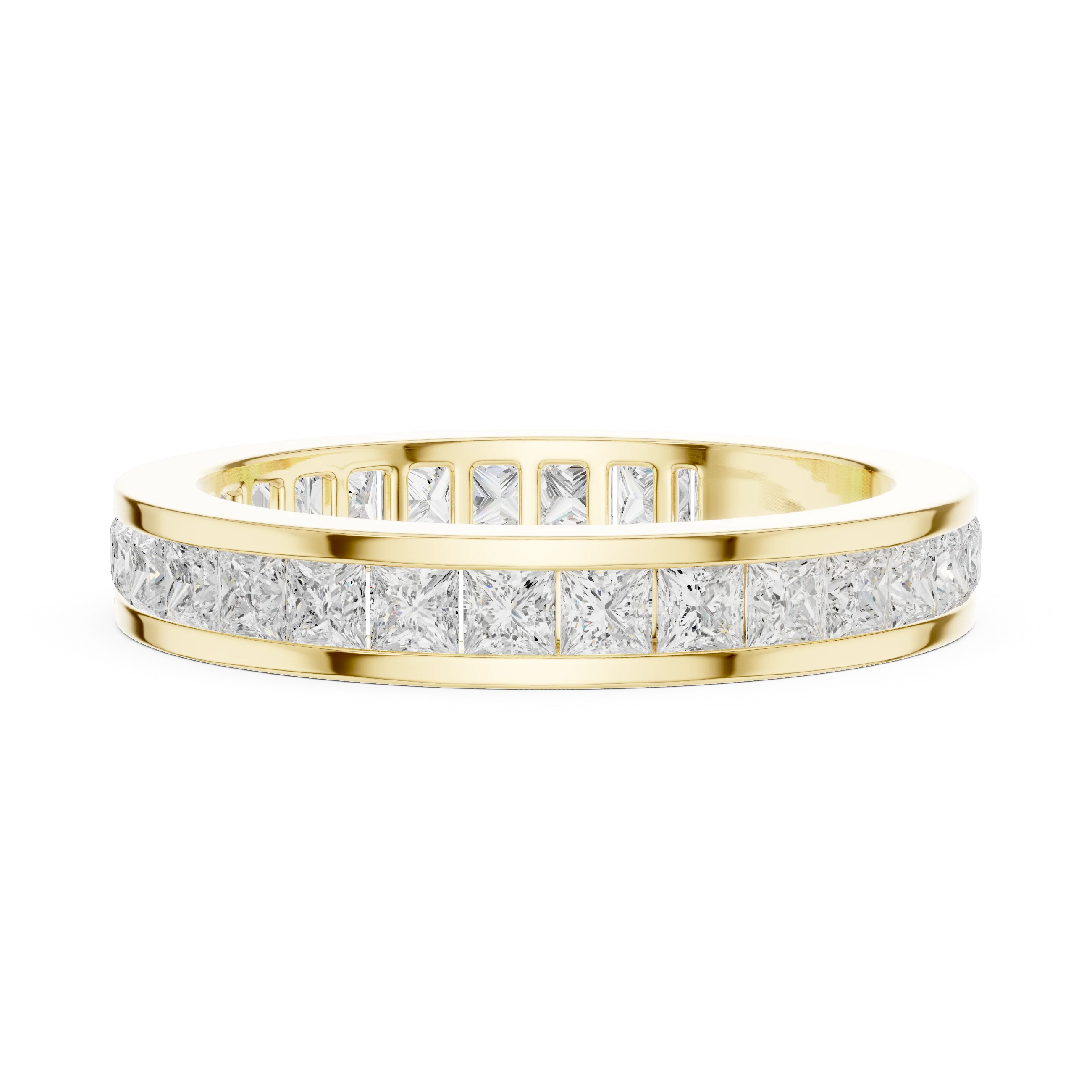 Side profile of yellow gold eternity band highlighting princess cut diamond setting