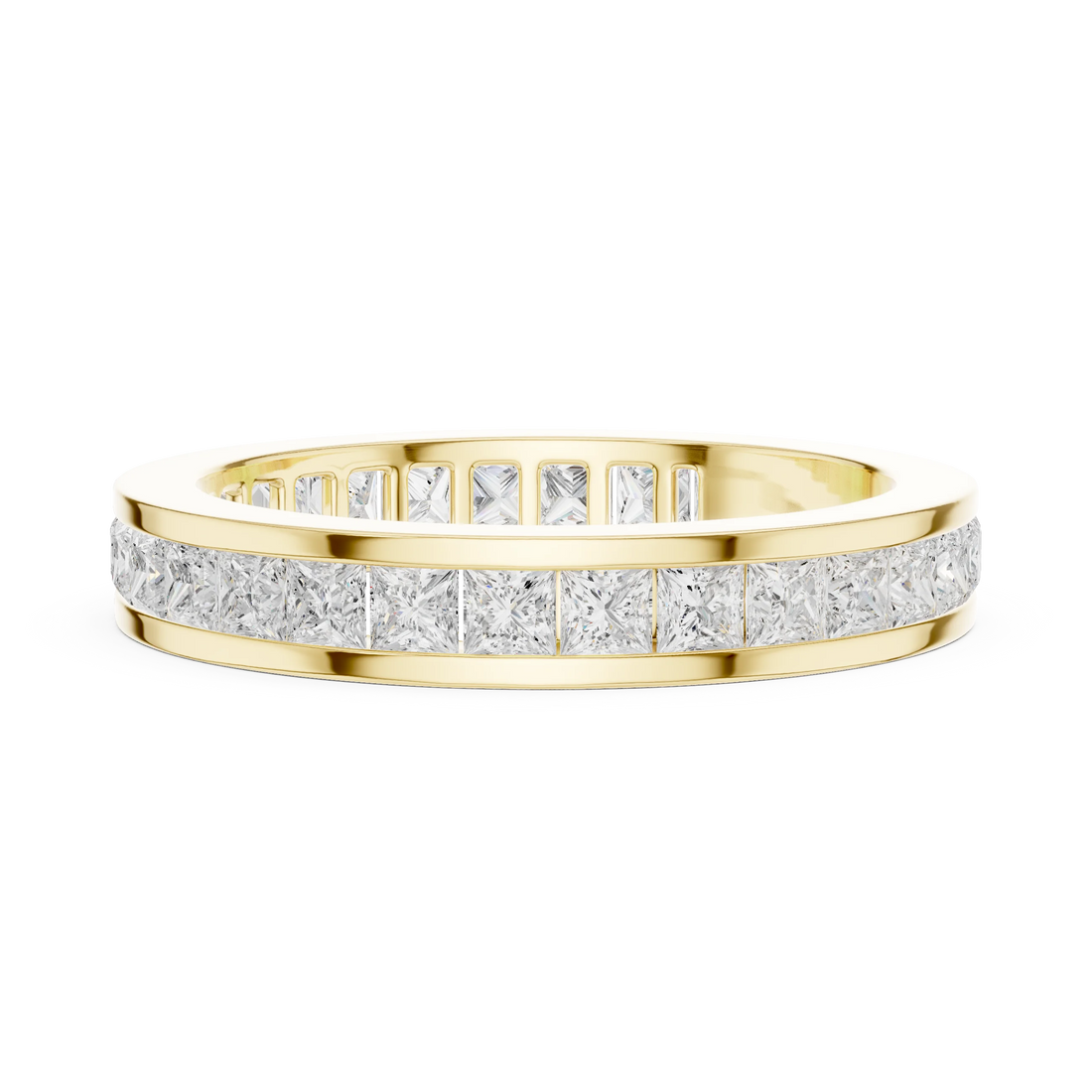 Side profile of yellow gold eternity band highlighting princess cut diamond setting