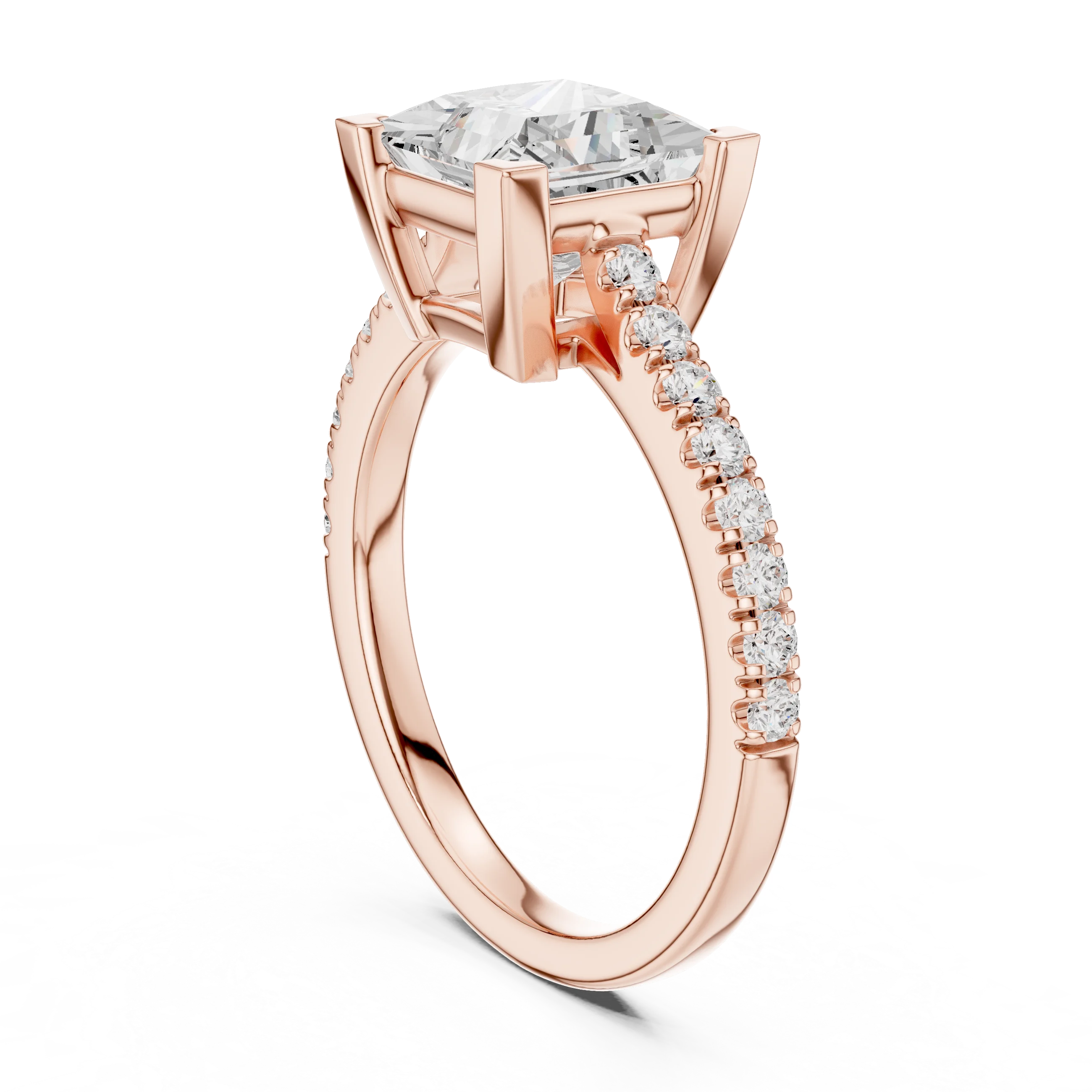 Back side view of rose gold princess diamond pavé band ring showing band and setting details