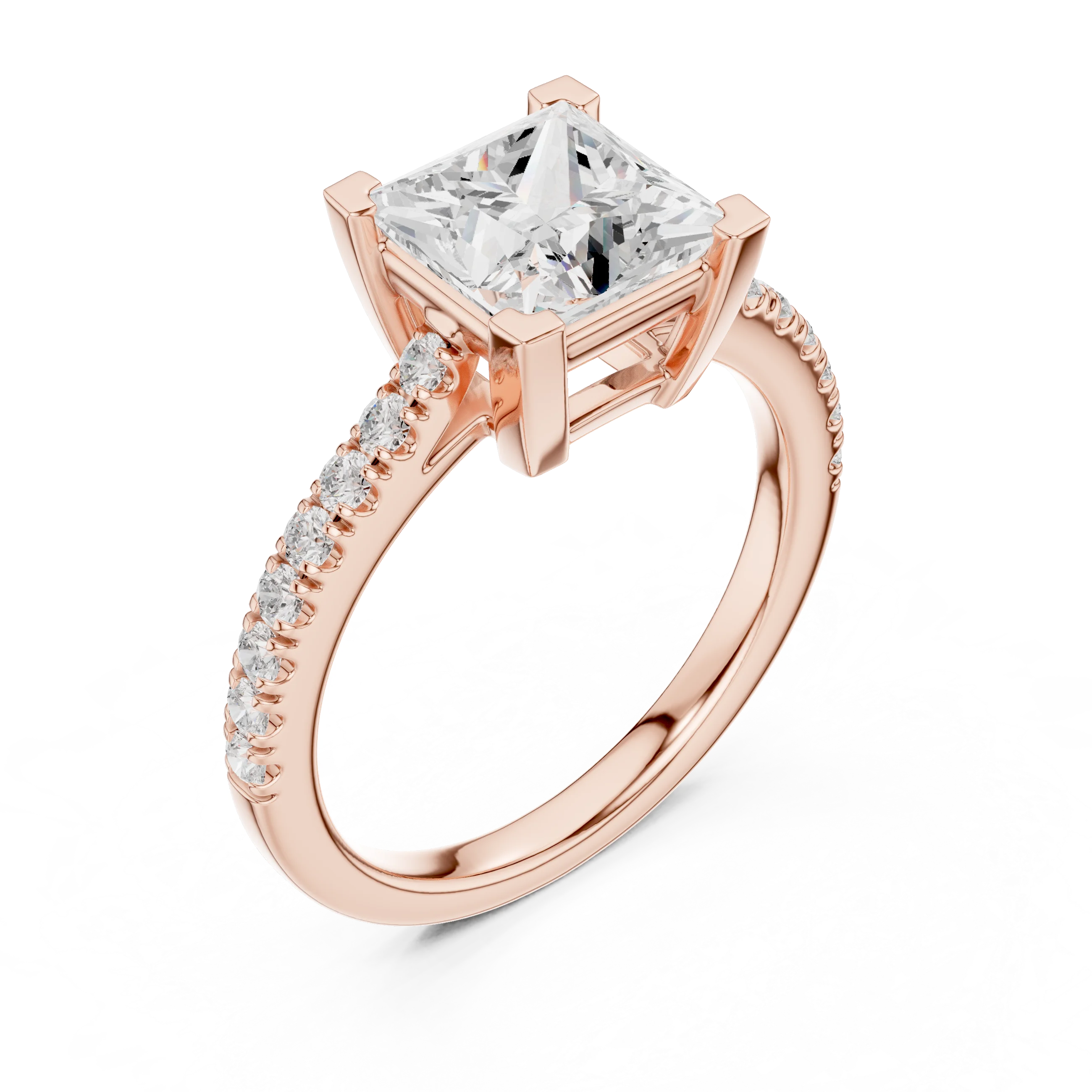 Front view of rose gold princess diamond pavé band ring