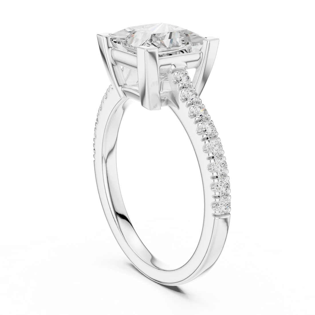 Back side view of white gold princess diamond pavé band ring showing band and setting details