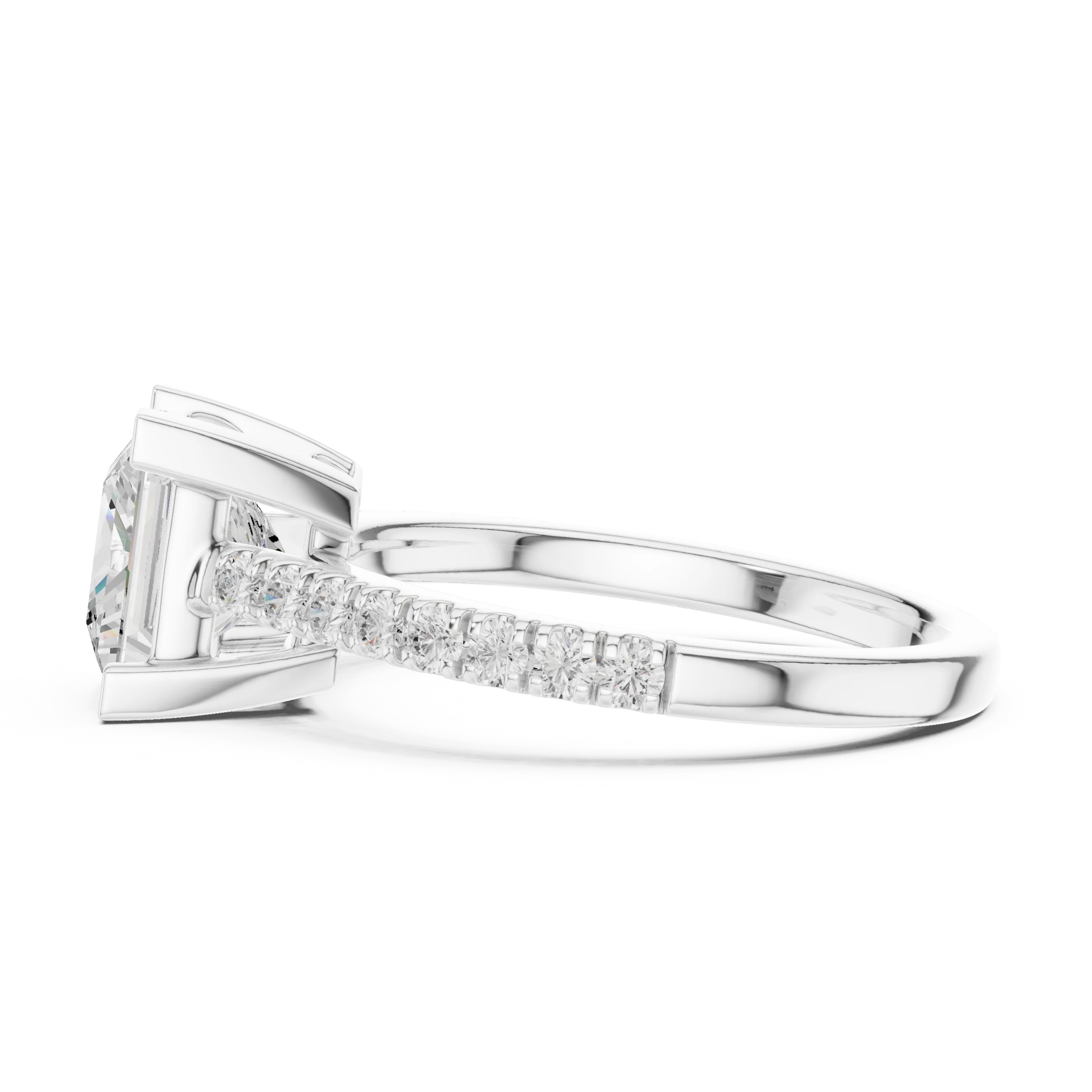 Side view of white gold princess diamond pavé band ring with detailed band setting