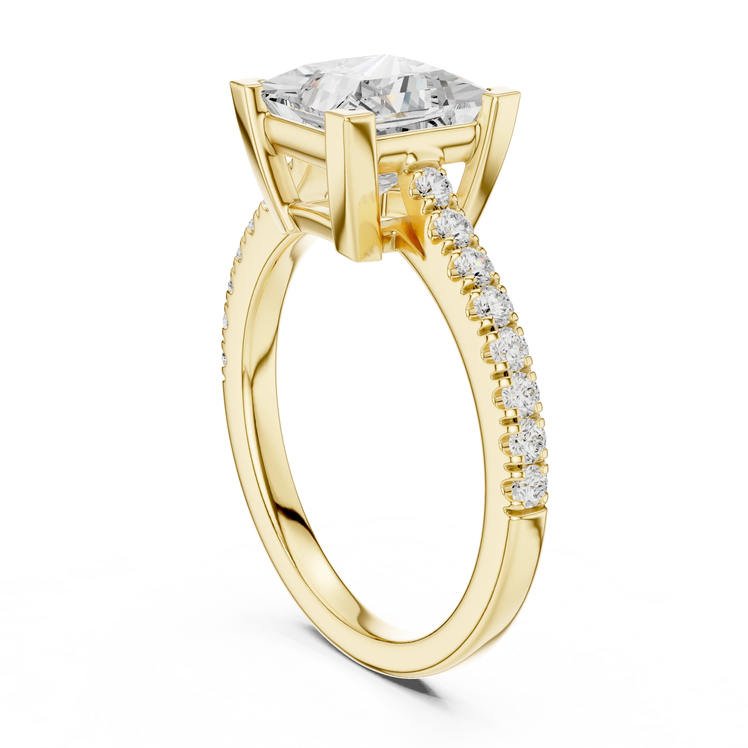 Back side view of yellow gold princess diamond pavé band ring showing band structure
