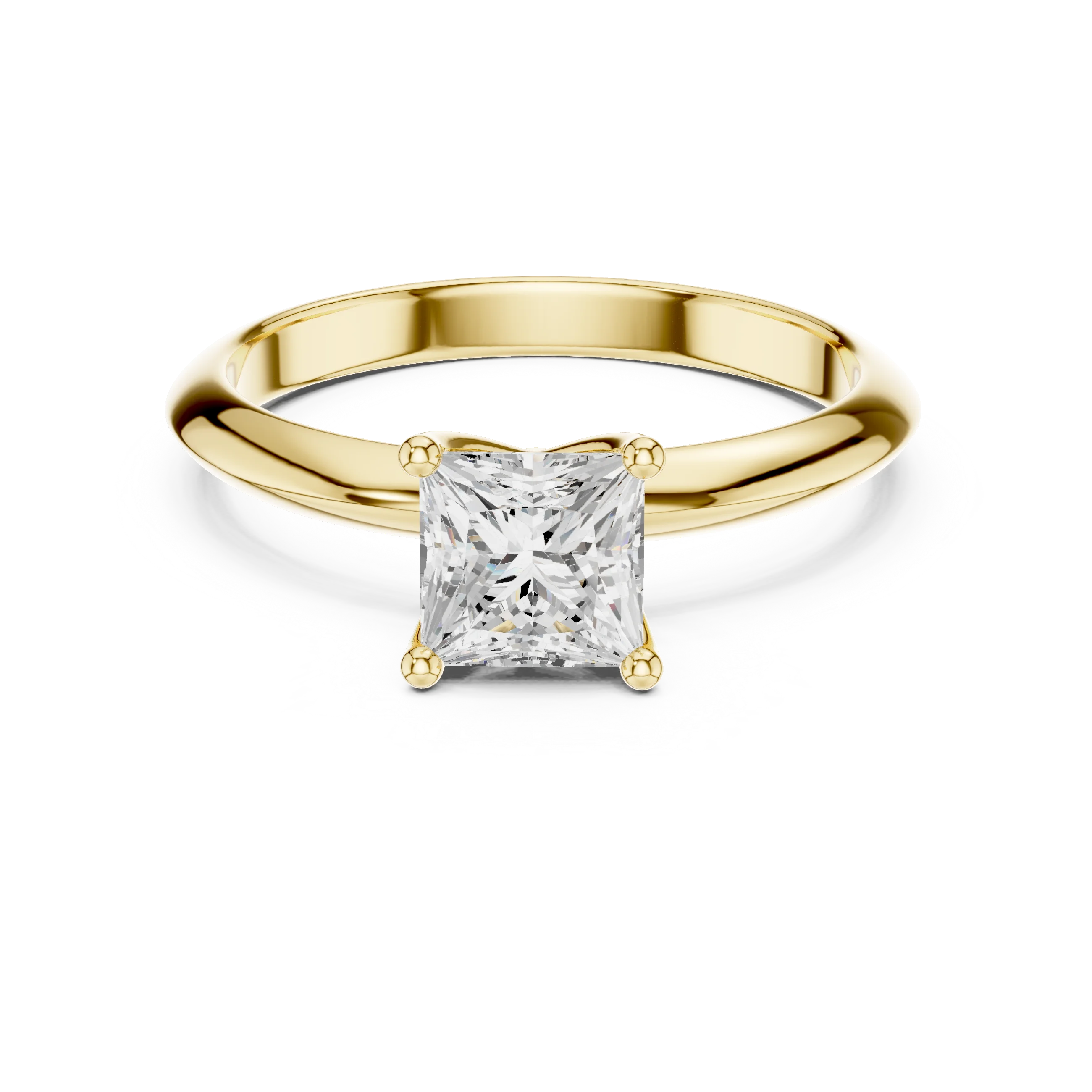 Lab-grown princess cut diamond solitaire ring in yellow gold, classic top view
