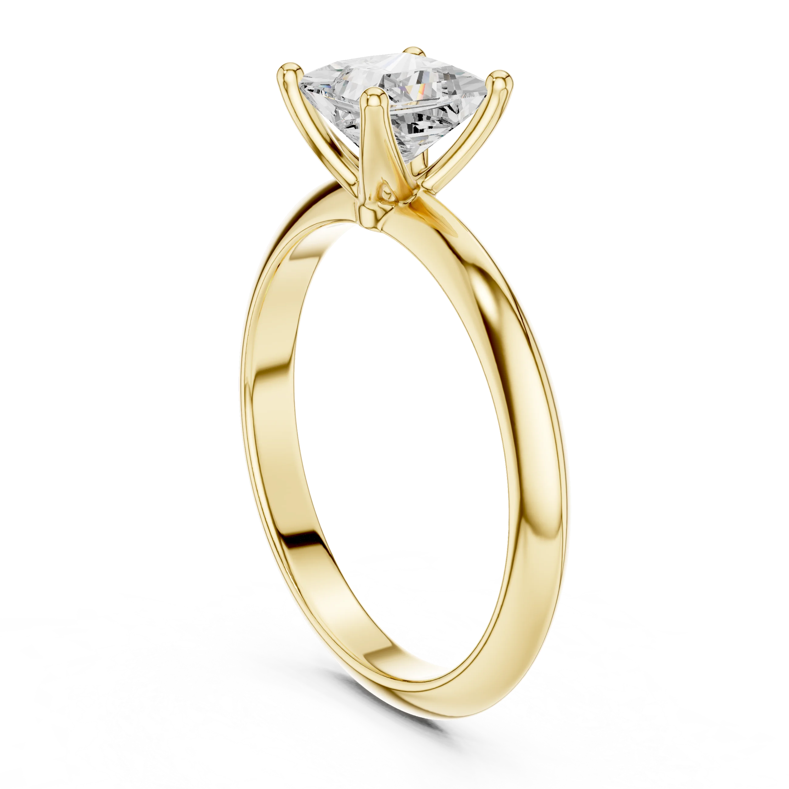 Back side view of yellow gold princess diamond solitaire ring, showing band structure