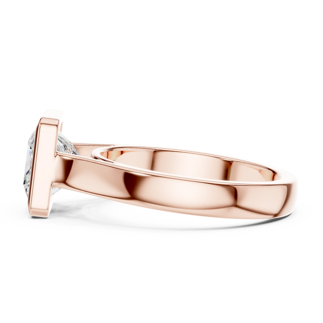 Side view of rose gold princess full bezel solitaire ring with wide flat band and lab-grown diamond – Australia