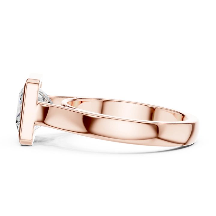Side view of rose gold princess full bezel solitaire ring with wide flat band and lab-grown diamond – Australia