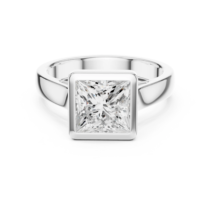 Princess full bezel solitaire ring in white gold with wide flat band and lab-grown diamond – Australia