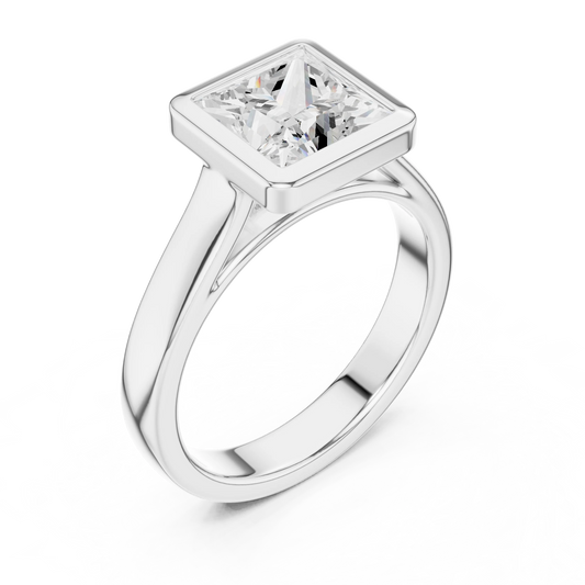 Front view of white gold princess full bezel solitaire ring with wide flat band and lab-grown diamond – Australia