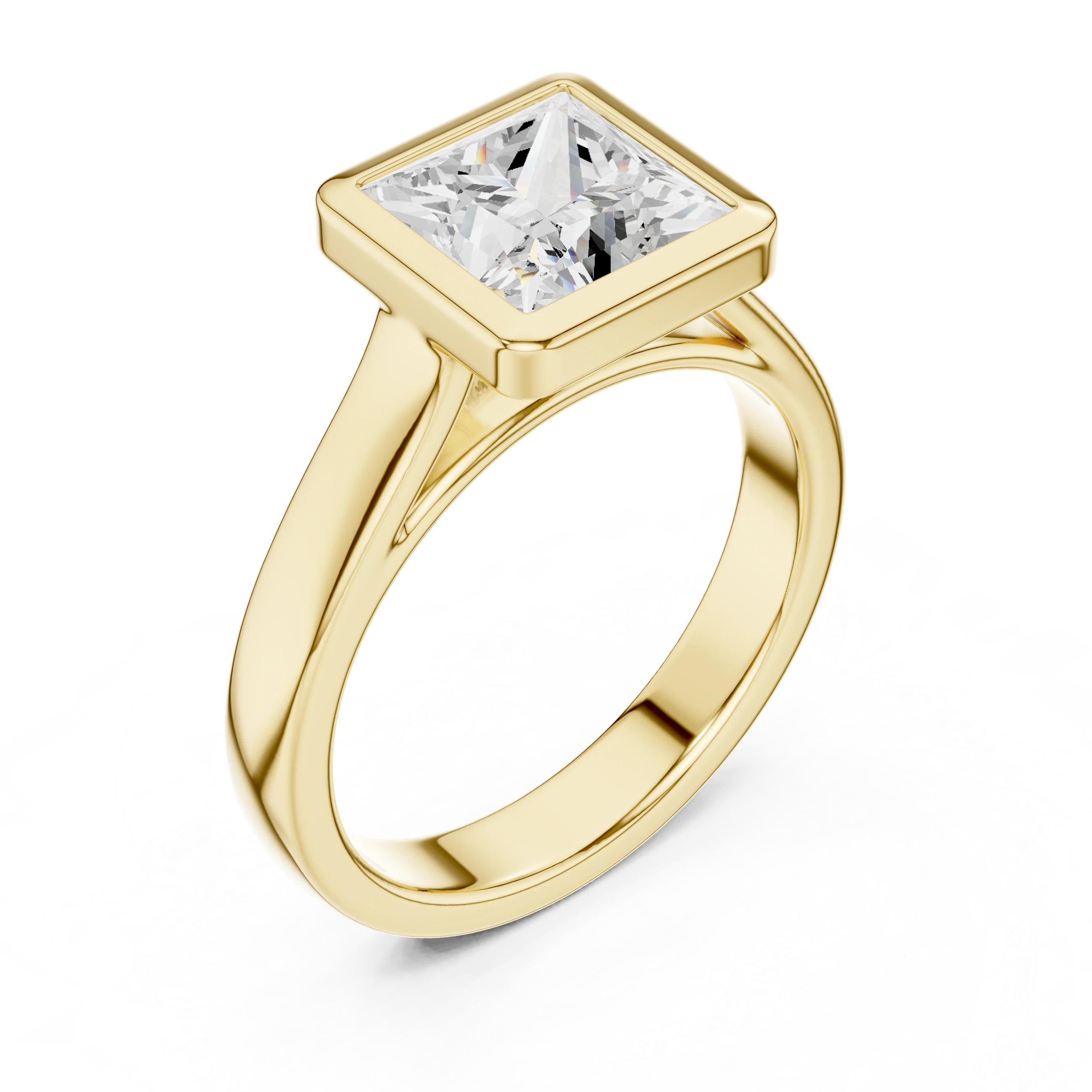Front view of yellow gold princess full bezel solitaire ring with wide flat band and lab-grown diamond – Australia