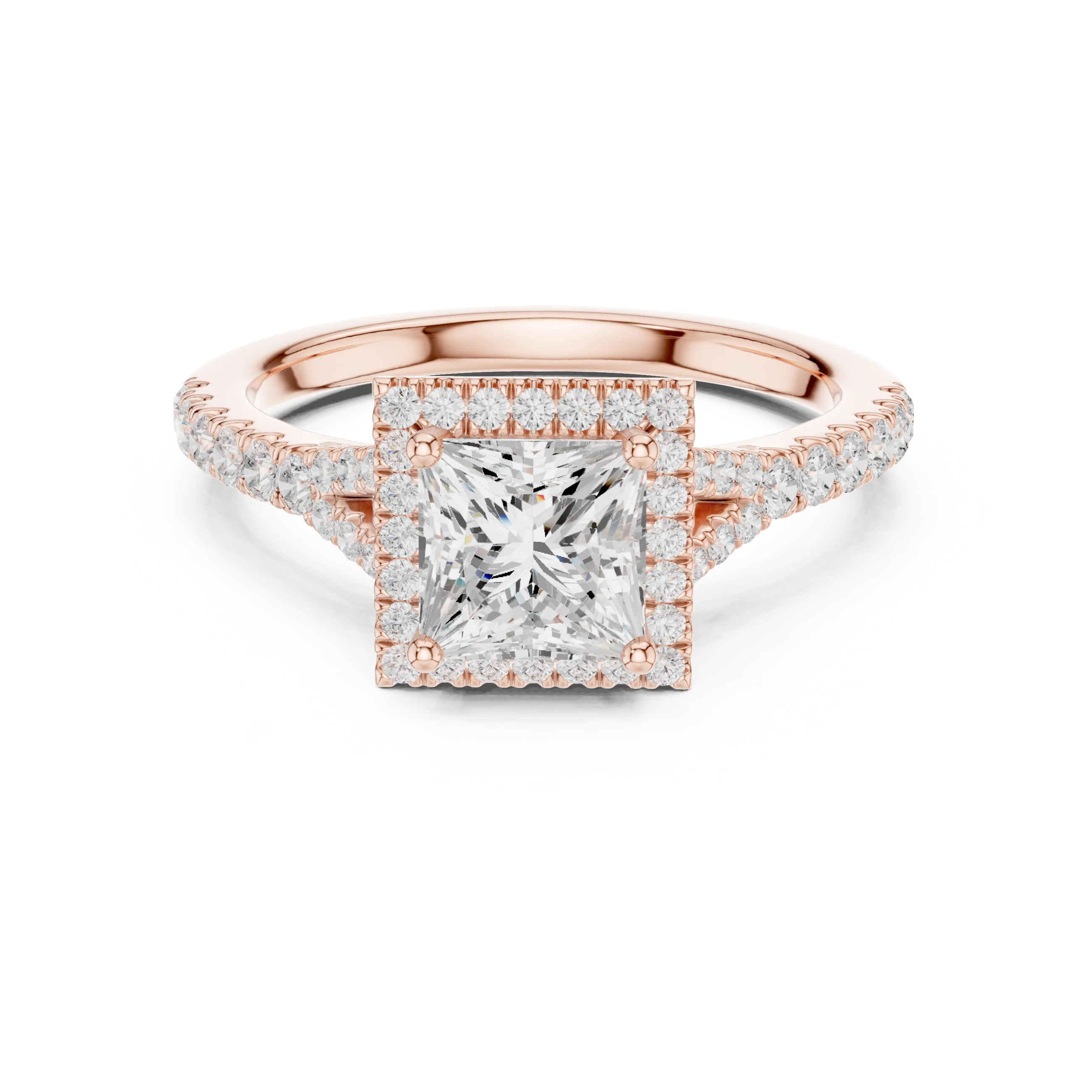 Lab-grown princess halo diamond ring in rose gold with pavé split shank band