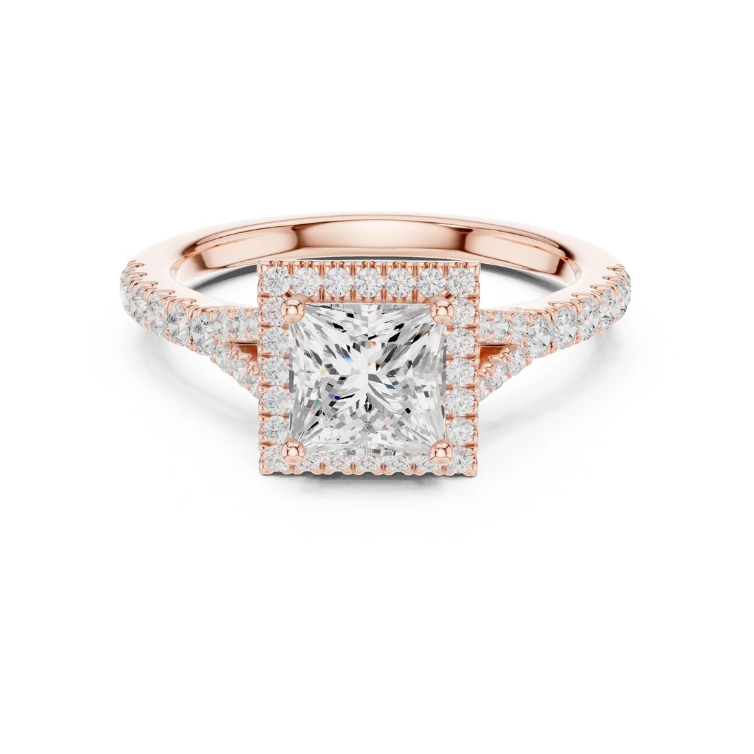 Lab-grown princess halo diamond ring in rose gold with pavé split shank band