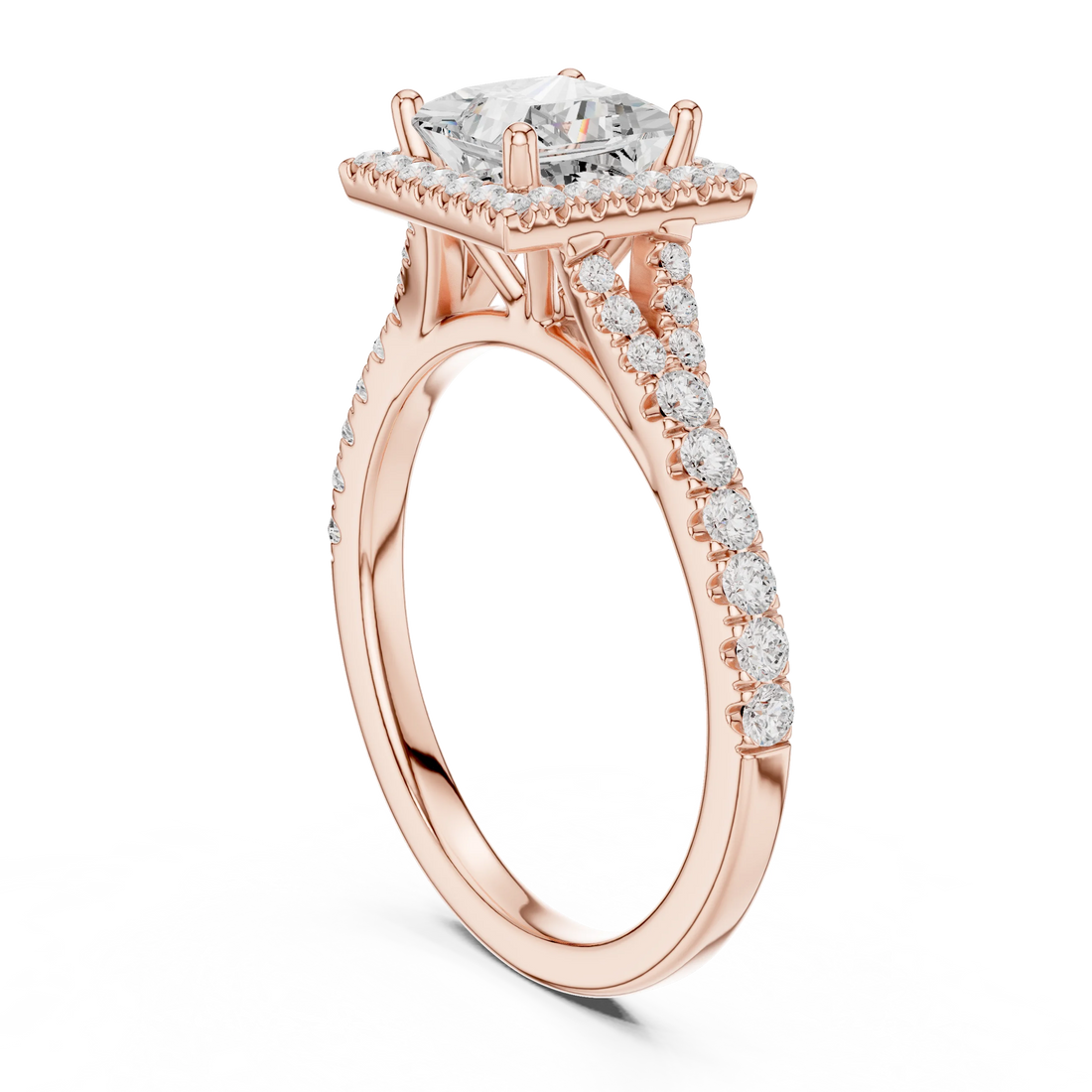 Back side view of rose gold princess halo ring showing pavé split shank band and setting details