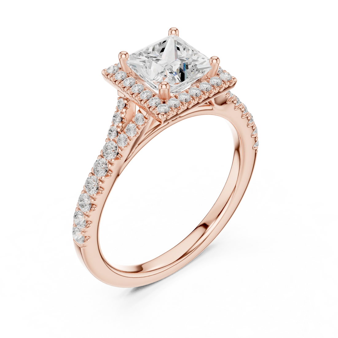 Front view of rose gold princess halo ring with pavé split shank band and center diamond