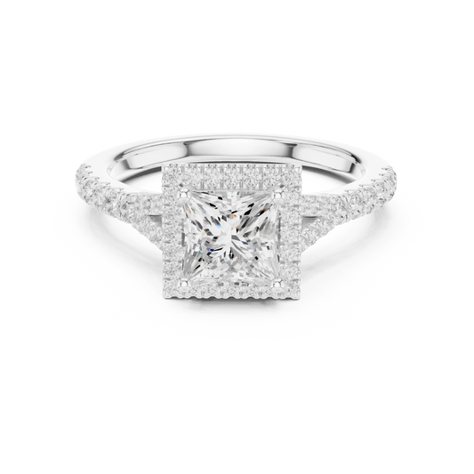 Lab-grown princess halo diamond ring in white gold with pavé split shank band