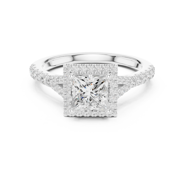 Lab-grown princess halo diamond ring in white gold with pavé split shank band