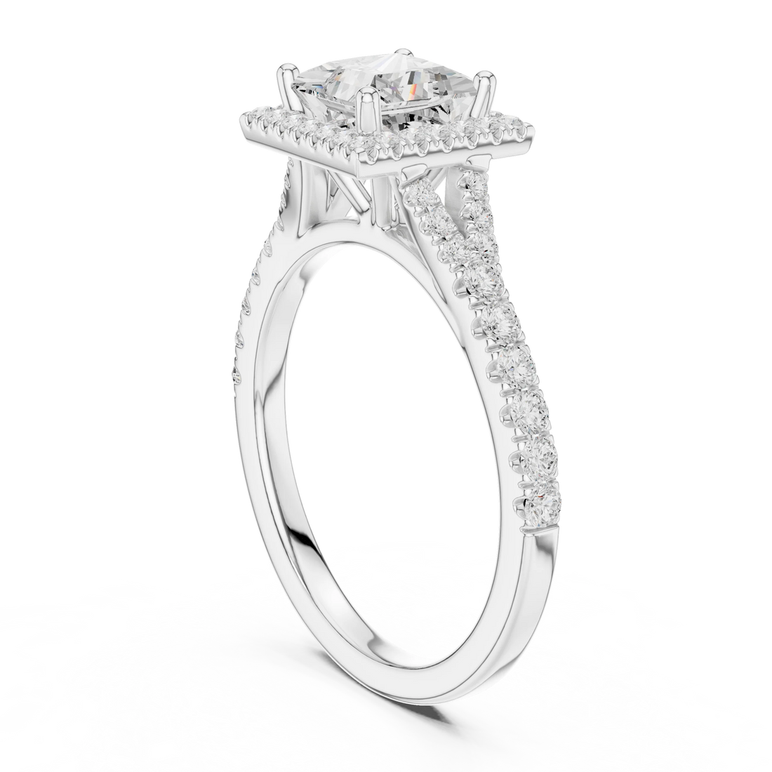 Back side view of white gold princess halo ring showing pavé split shank band and setting details