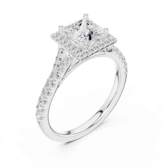 Front view of white gold princess halo ring with pavé split shank band and center diamond