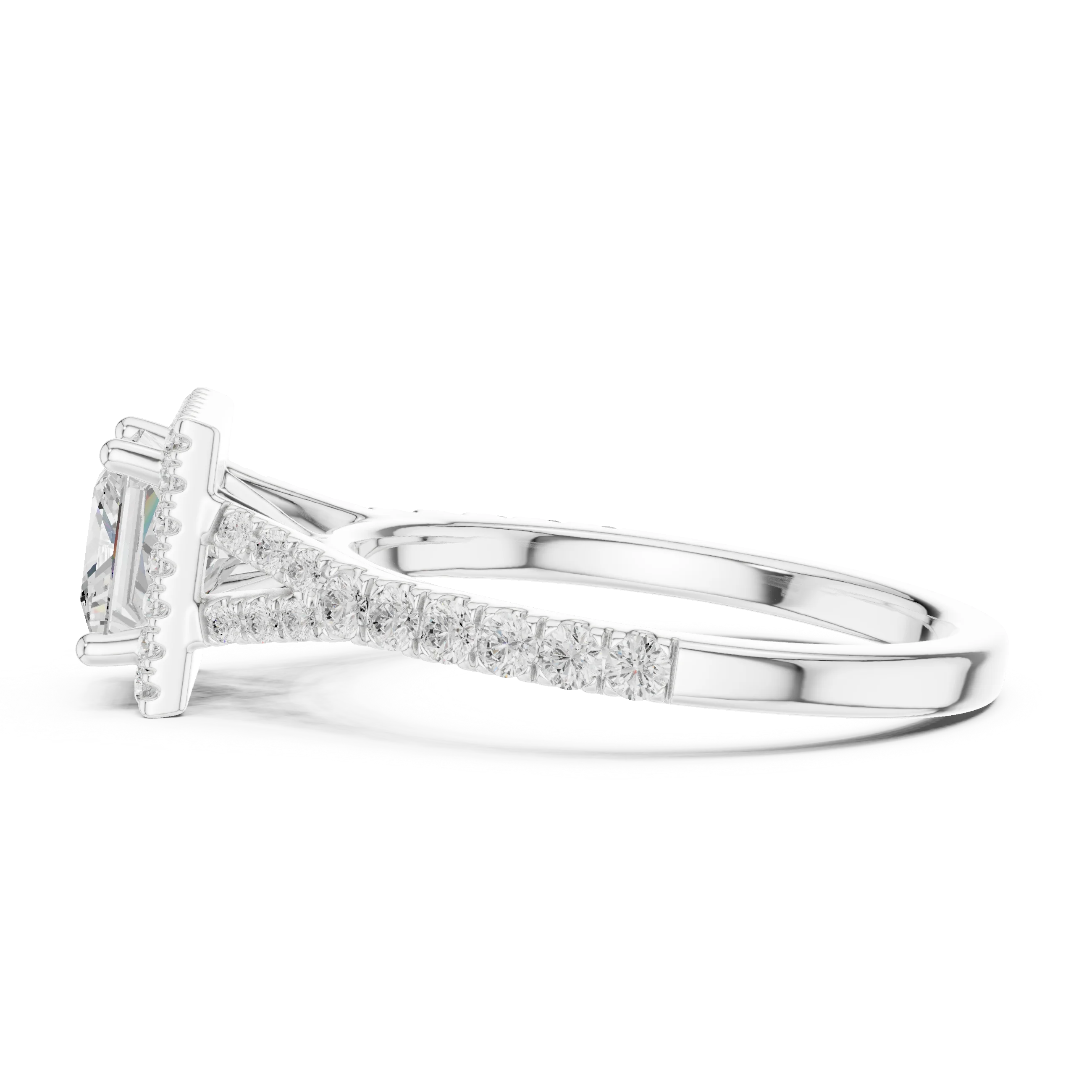 Side view of white gold princess halo ring with pavé split shank band and elevated halo setting