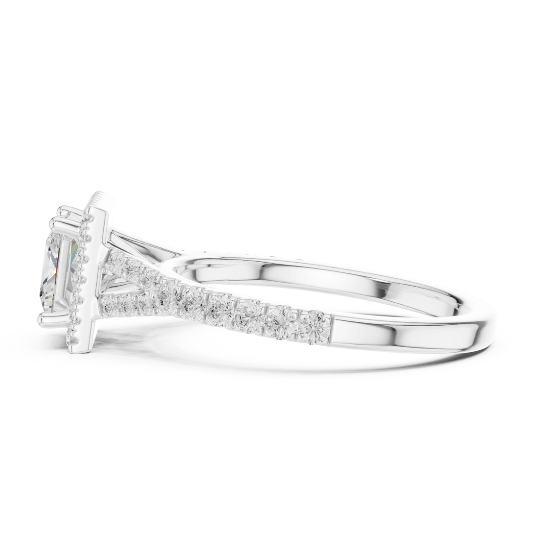 Side view of white gold princess halo ring with pavé split shank band and elevated halo setting