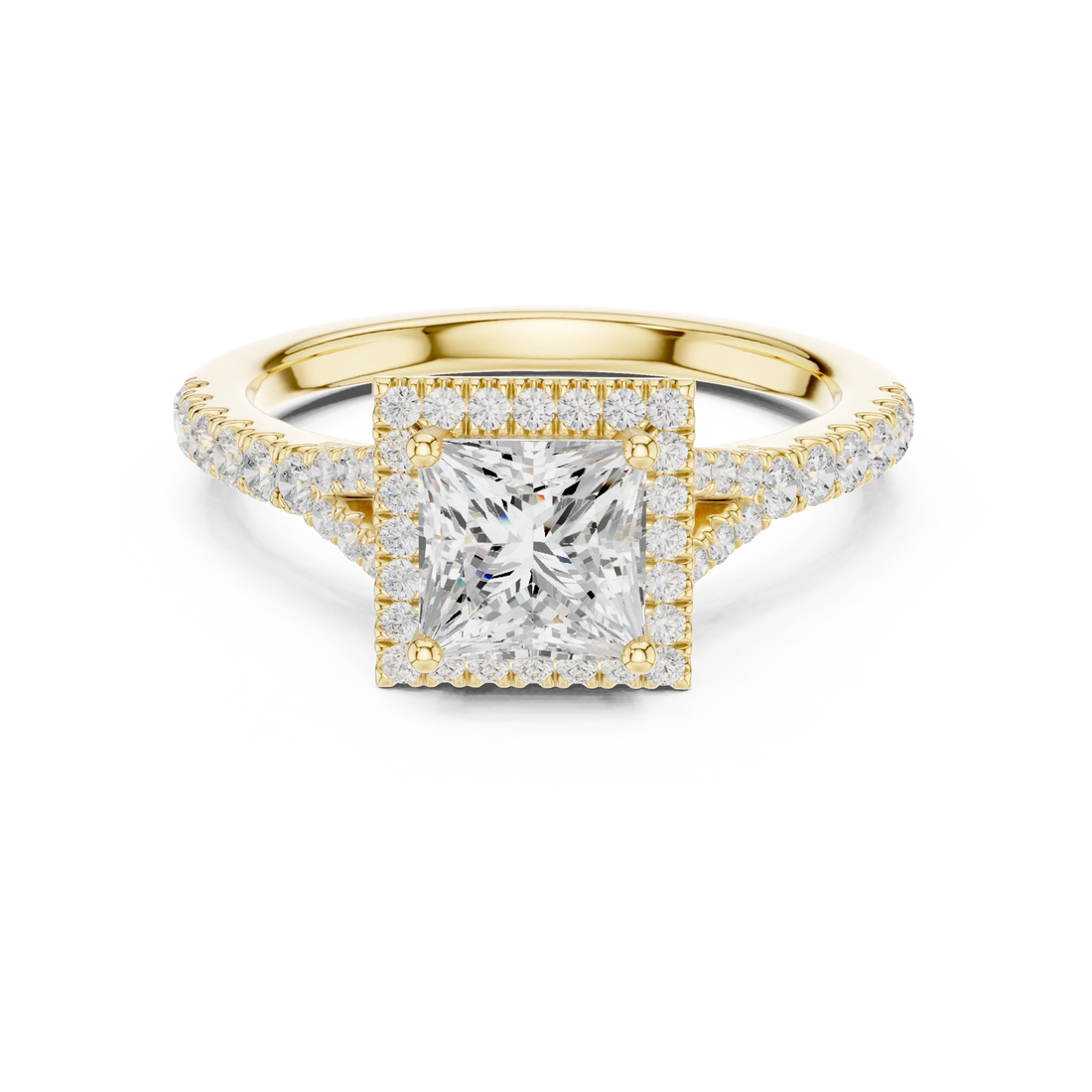 Lab-grown princess halo diamond ring in yellow gold with pavé split shank band