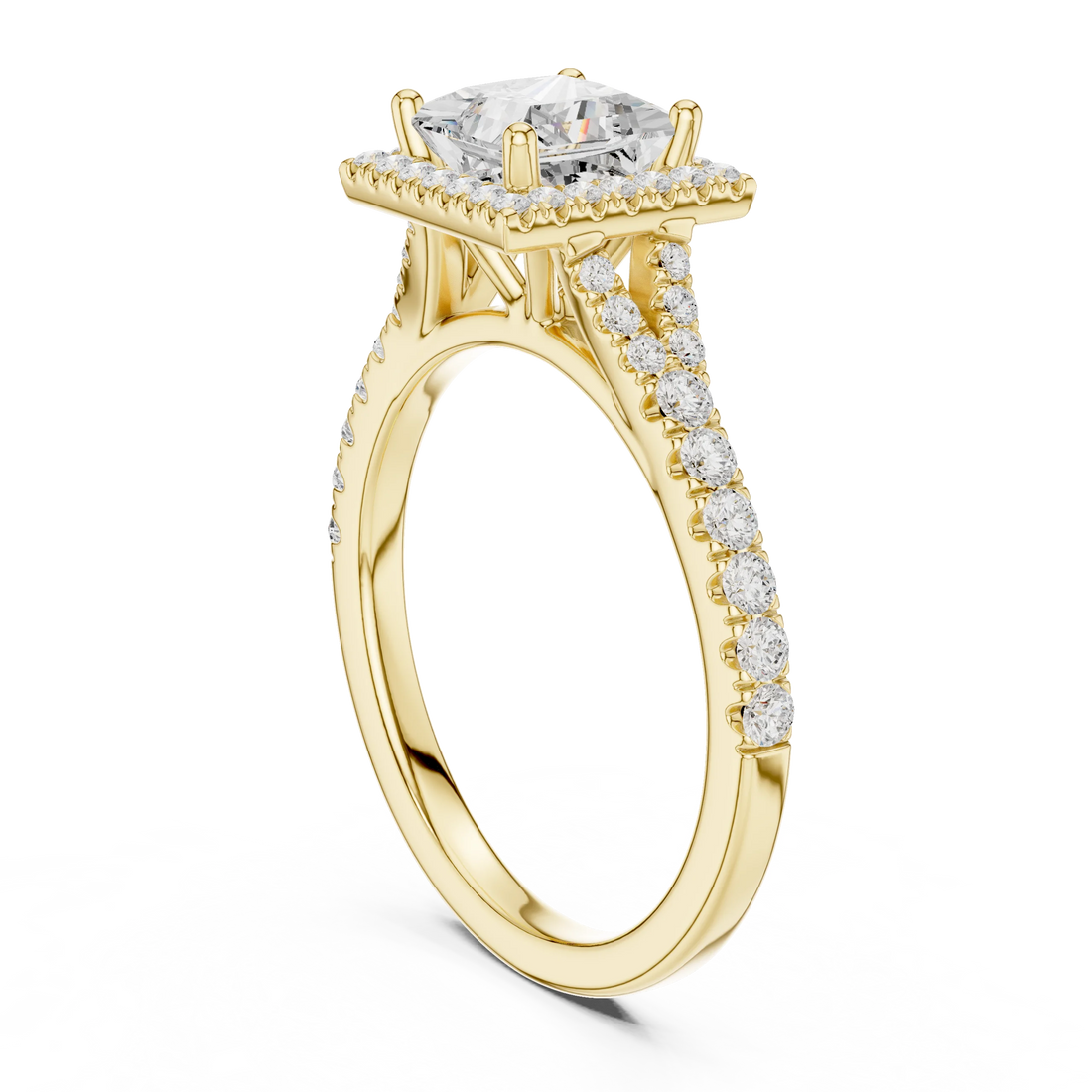 Back side view of yellow gold princess halo ring showing pavé split shank band and setting structure