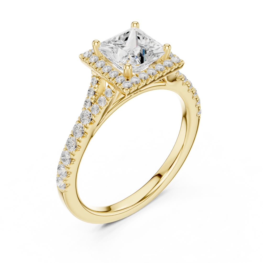 Front view of yellow gold princess halo ring with pavé split shank band and center diamond