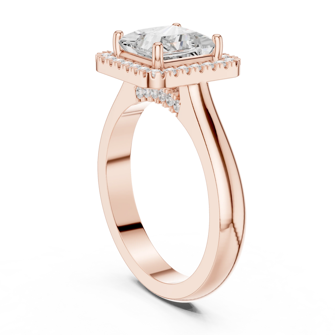 Back view of rose gold princess halo ring with lab-grown diamond and polished band