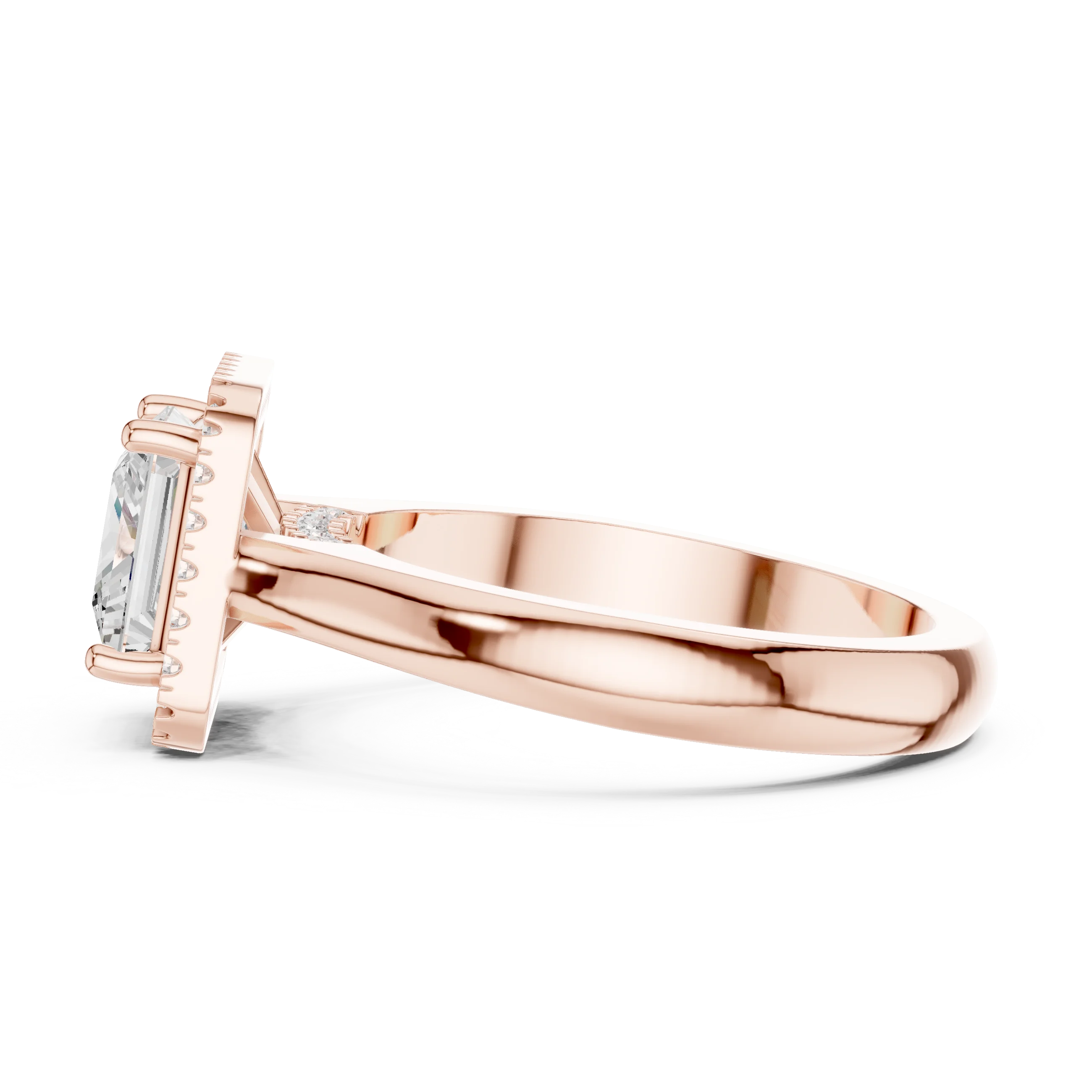 Side view of rose gold princess halo ring highlighting diamond setting and band profile