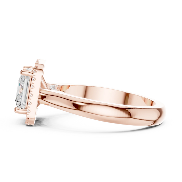 Side view of rose gold princess halo ring highlighting diamond setting and band profile