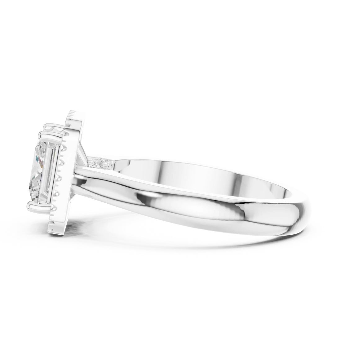 Side view of white gold princess halo ring highlighting diamond setting and band profile