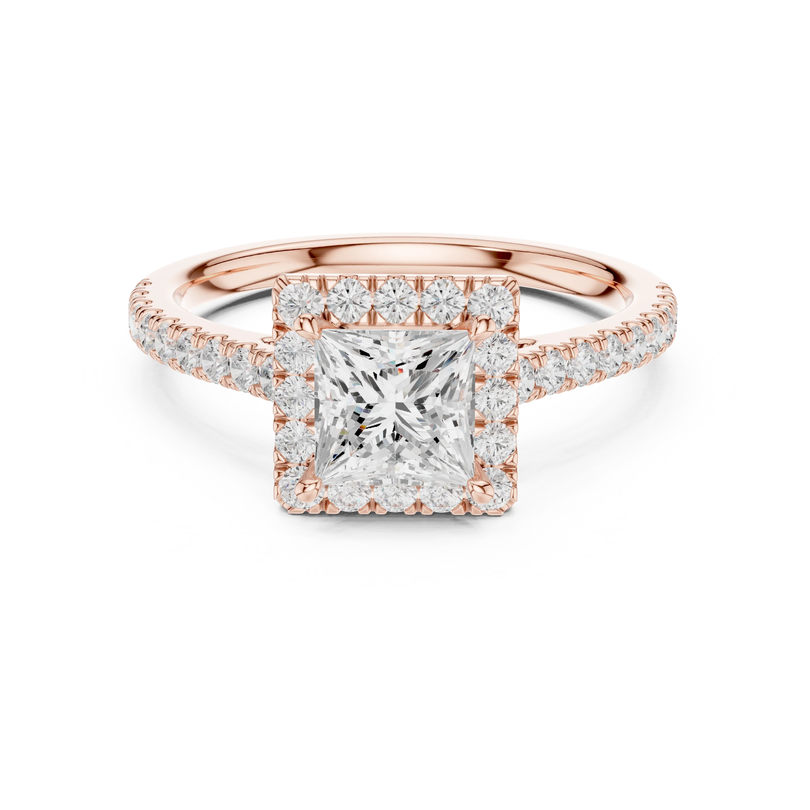 Rose gold ring with a large diamond and smaller diamonds on a white background