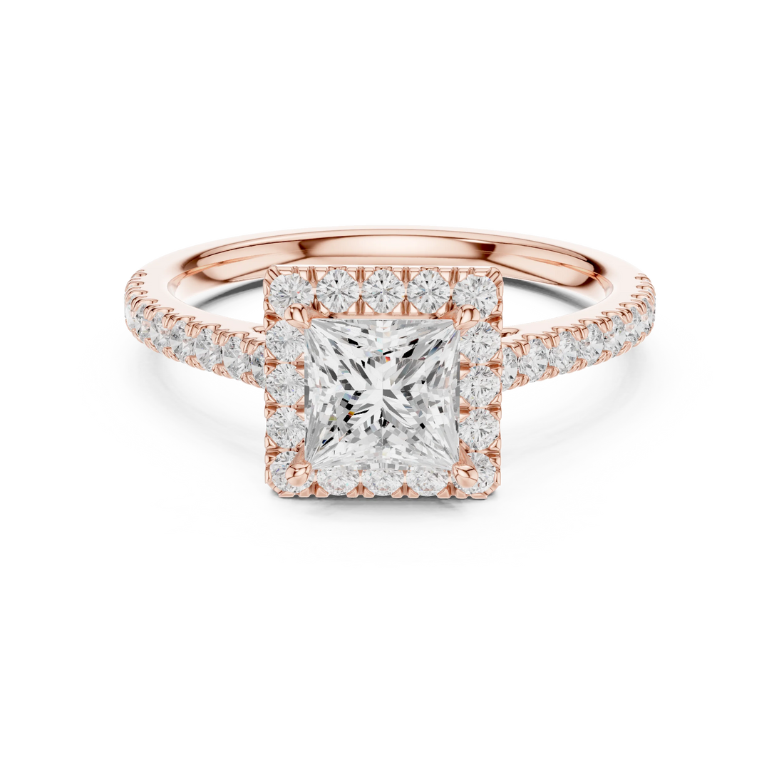 Rose gold ring with a large diamond and smaller diamonds on a white background