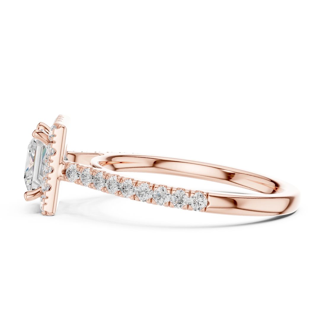 Princess Halo Ring With Pave Diamond Band in Rose Gold ring with a diamond on a white background