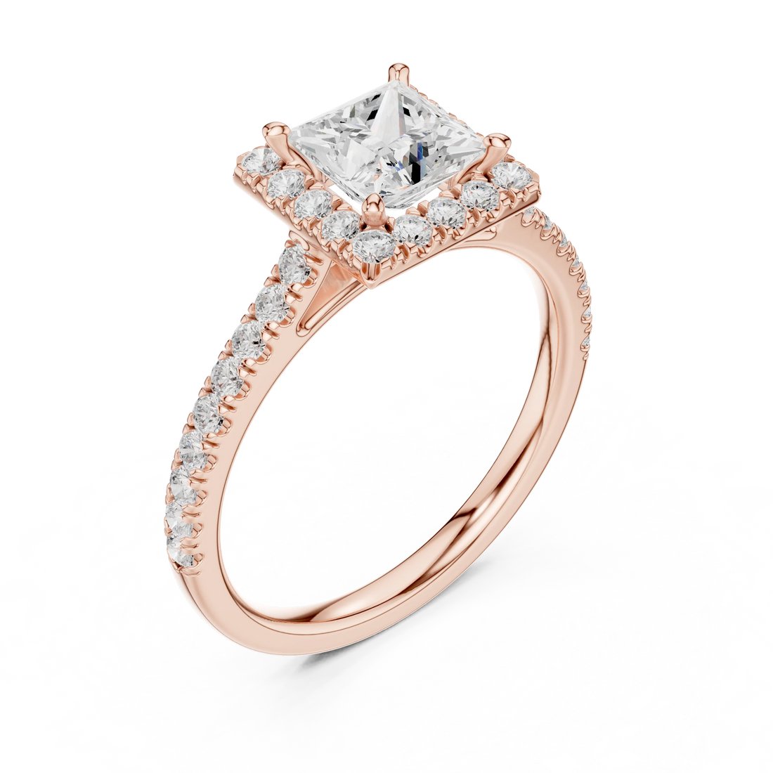 Rose gold ring with diamond accents on a white background