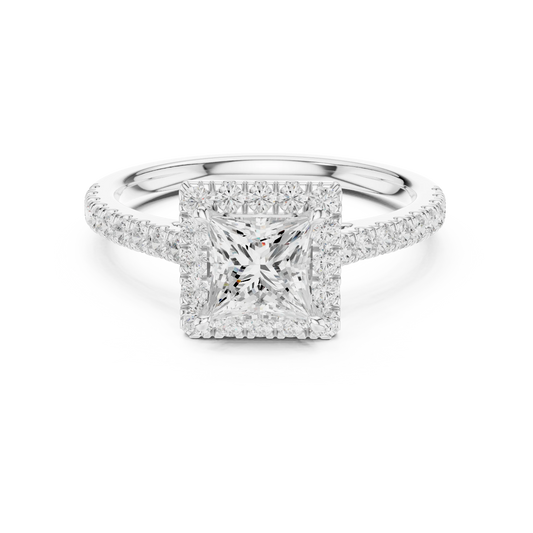 White gold princess-cut halo ring with pavé diamond band and lab-grown center stone