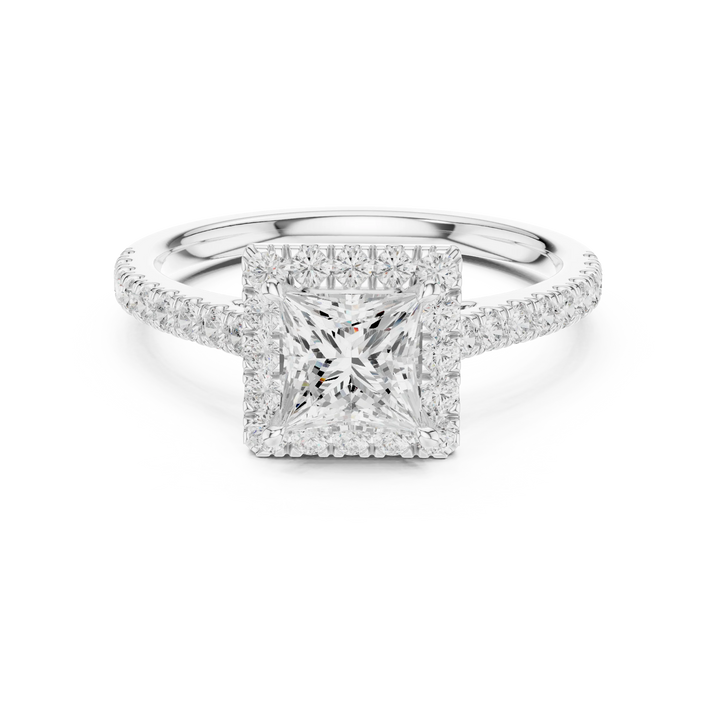 White gold princess-cut halo ring with pavé diamond band and lab-grown center stone