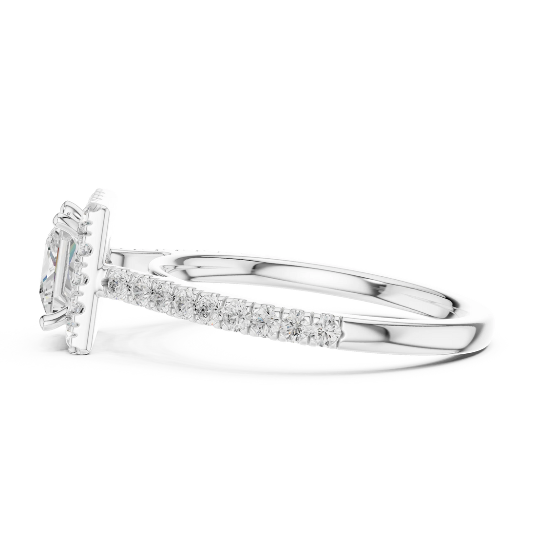 Side view of white gold princess-cut halo ring with pavé diamond band and lab-grown center stone