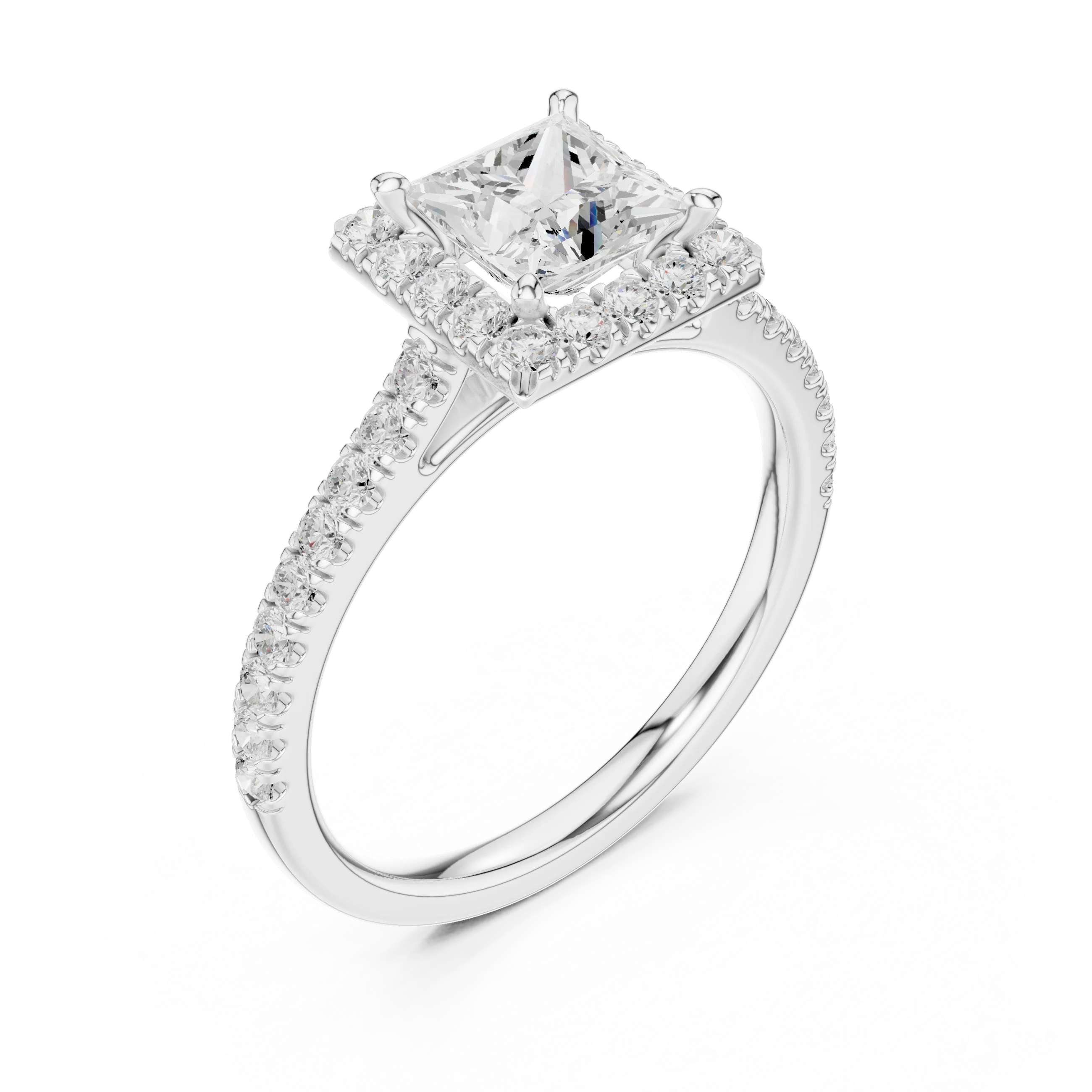 Top view of white gold princess-cut halo ring with pavé diamond band and lab-grown center stone