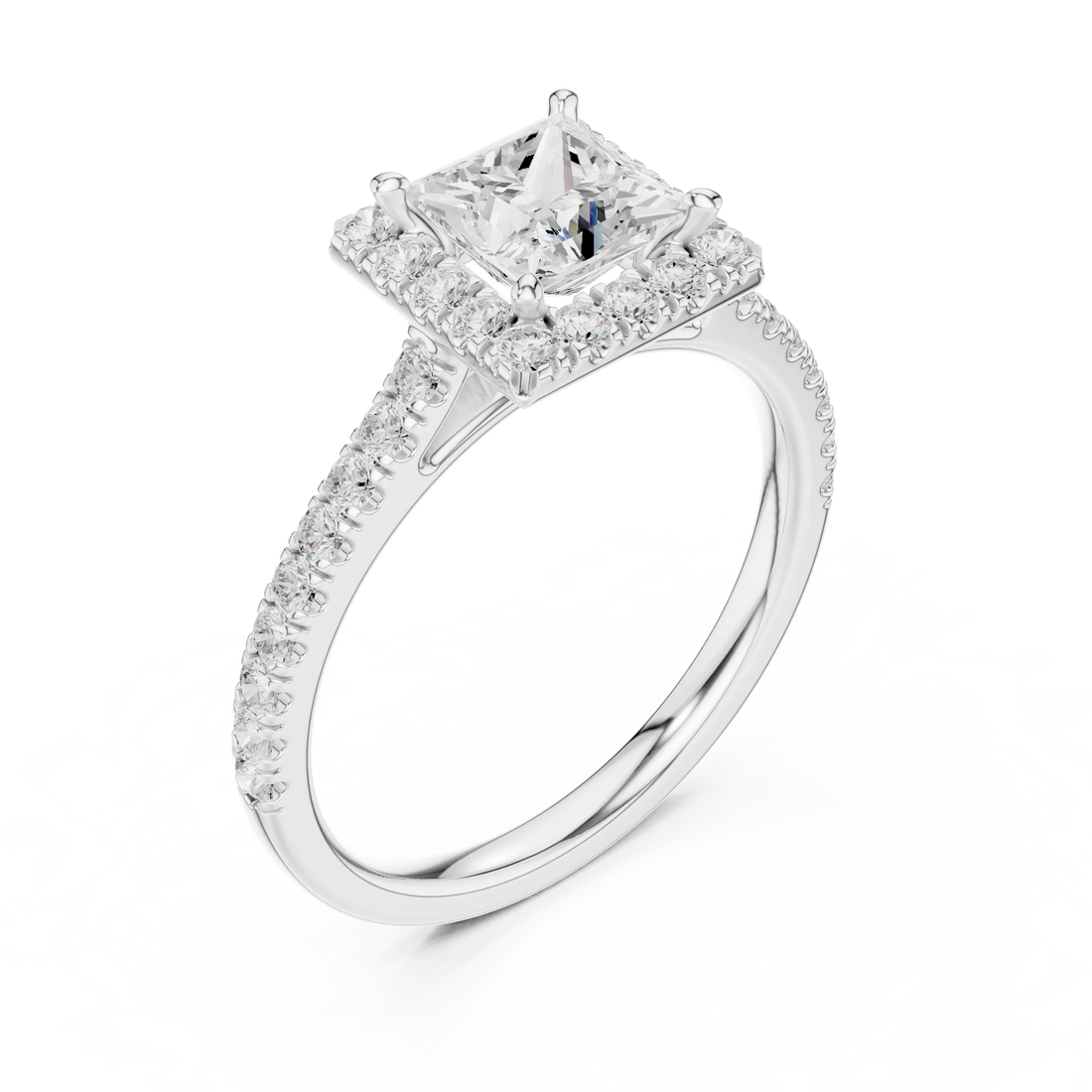 Top view of white gold princess-cut halo ring with pavé diamond band and lab-grown center stone