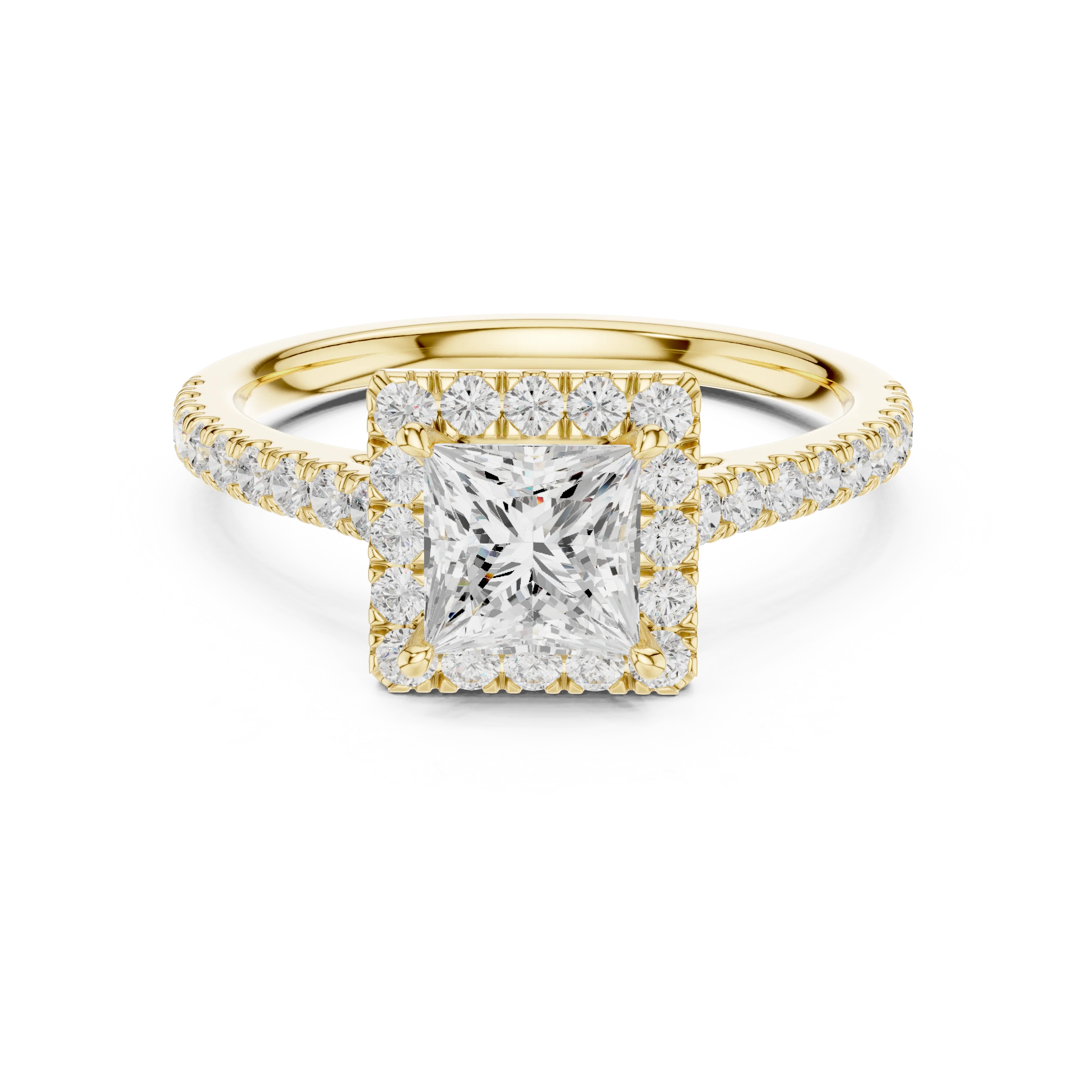 Yellow gold princess-cut halo ring with pavé diamond band and lab-grown center stone